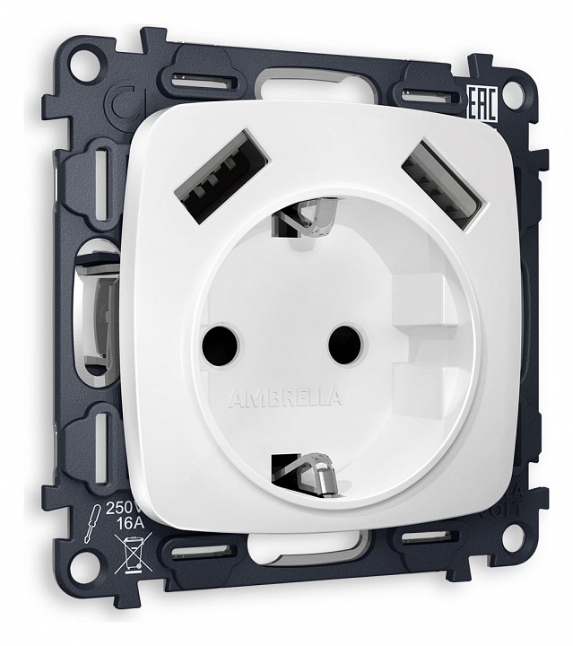 Розетка с заземлением и 2хUSB type A, без рамки Ambrella Volt OMEGA MO129010
