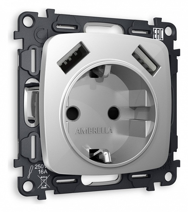 Розетка с заземлением и 2хUSB type A, без рамки Ambrella Volt OMEGA MO409010
