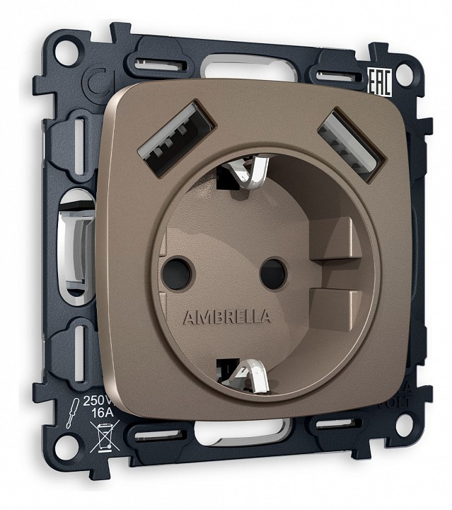 Розетка с заземлением и 2хUSB type A, без рамки Ambrella Volt OMEGA MO639010