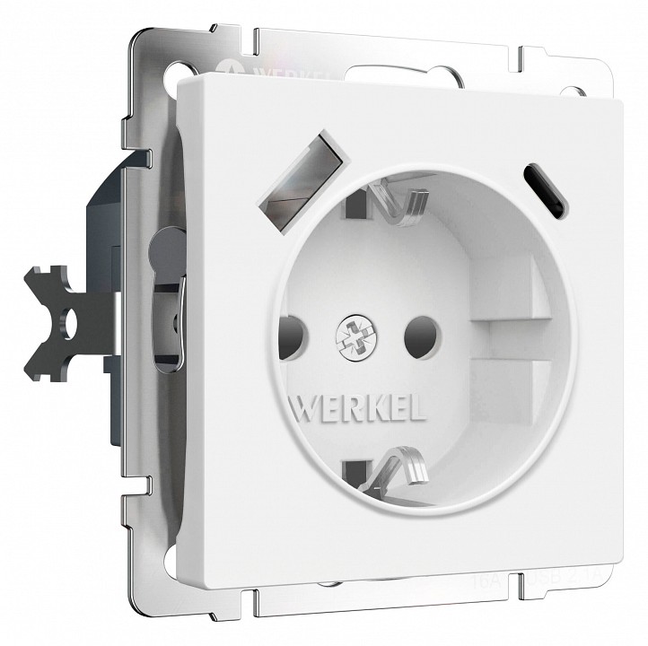 Розетка с заземлением и со шторкой и 2хUSB type A и C, без рамки Werkel белый матовый W1171761