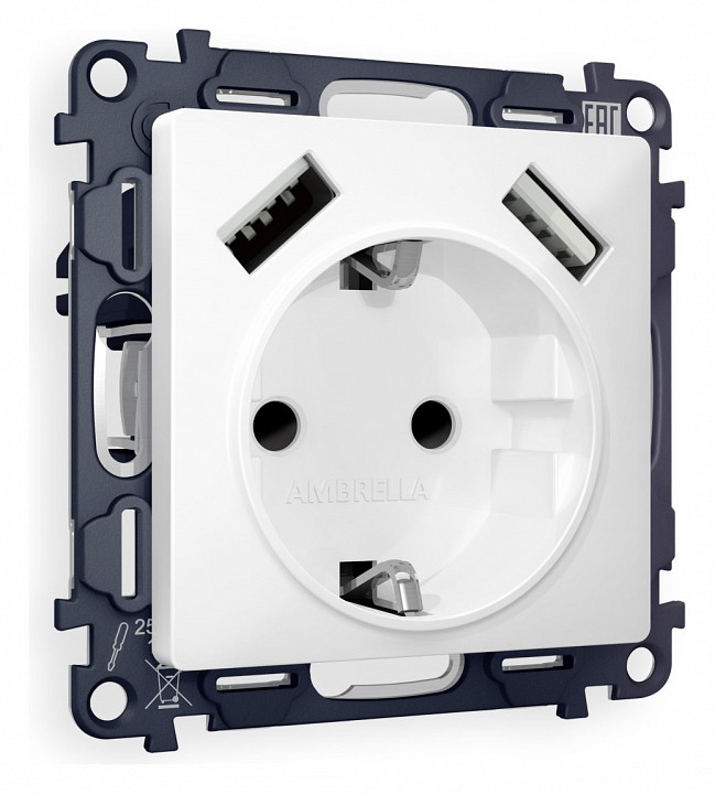 Розетка с заземлением и со шторкой и 2хUSB type A, без рамки Ambrella Volt ALFA MA129010
