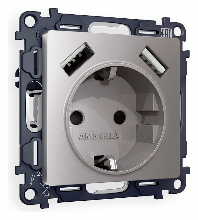 Розетка с заземлением и со шторкой и 2хUSB type A, без рамки Ambrella Volt ALFA MA509010