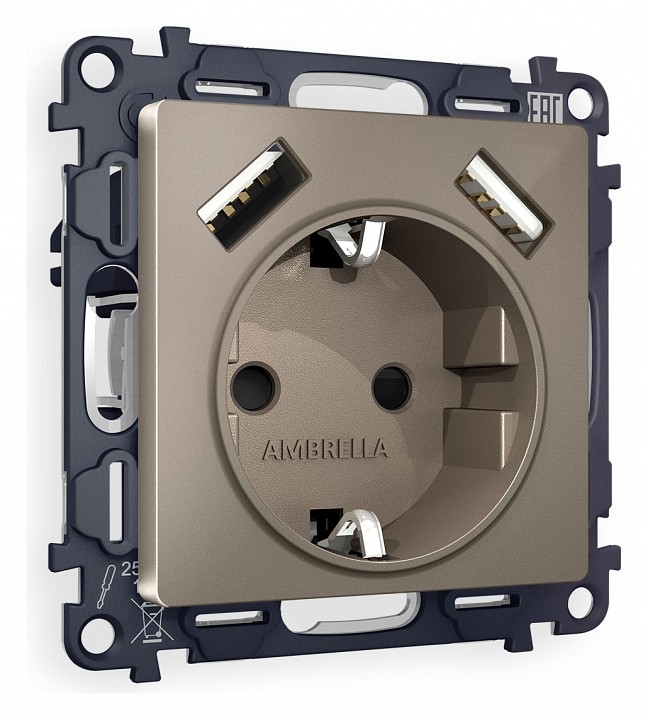 Розетка с заземлением и со шторкой и 2хUSB type A, без рамки Ambrella Volt ALFA MA639010