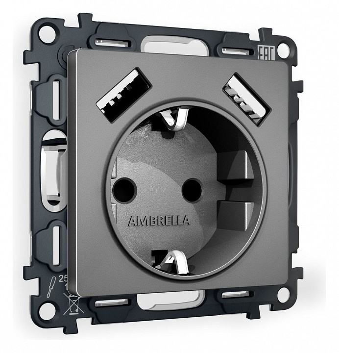 Розетка с заземлением и со шторкой и 2хUSB type A, без рамки Ambrella Volt ALFA MA659010