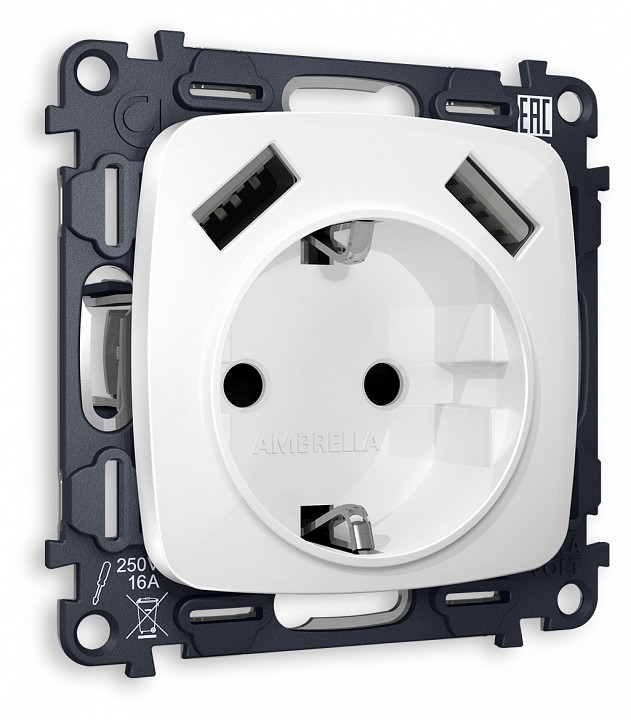 Розетка с заземлением и 2хUSB type A, без рамки Ambrella Volt OMEGA MO109010