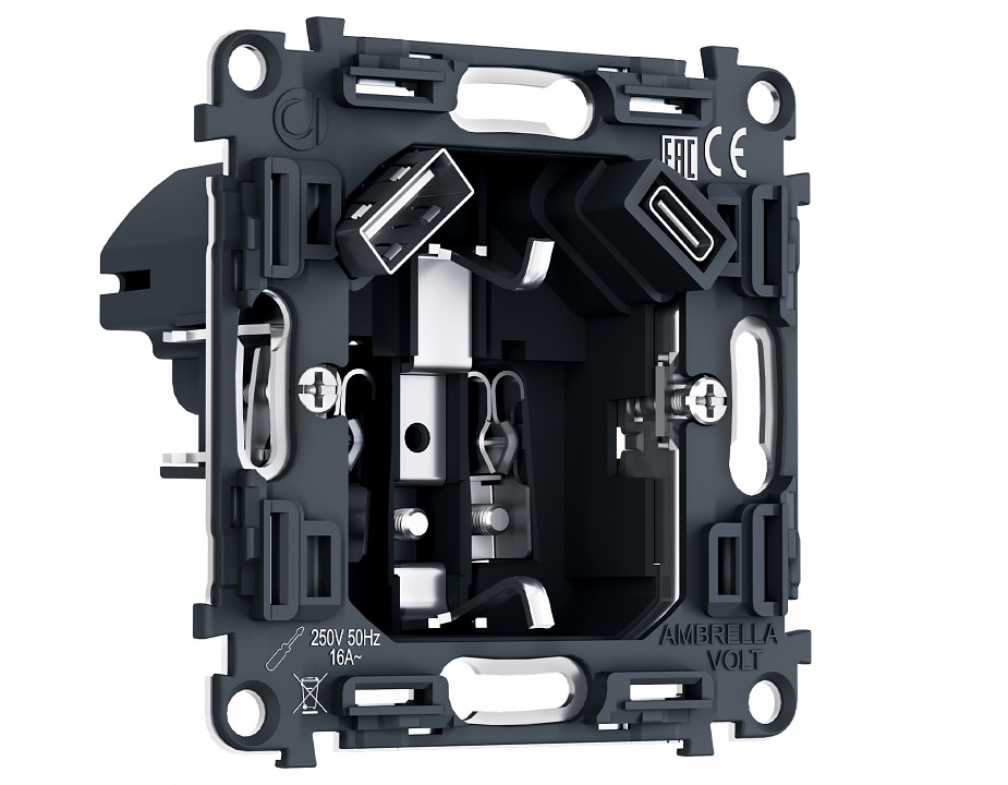 Механизм розетки с заземлением и 2хUSB type A и C Ambrella Volt VM PR160